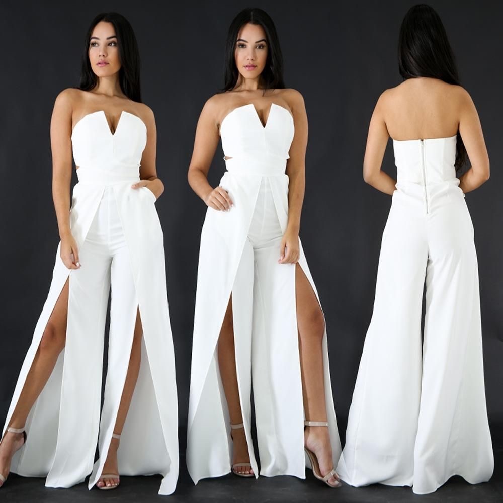 Strapless V-Neck Jumpsuit with Wide Wrap Legs